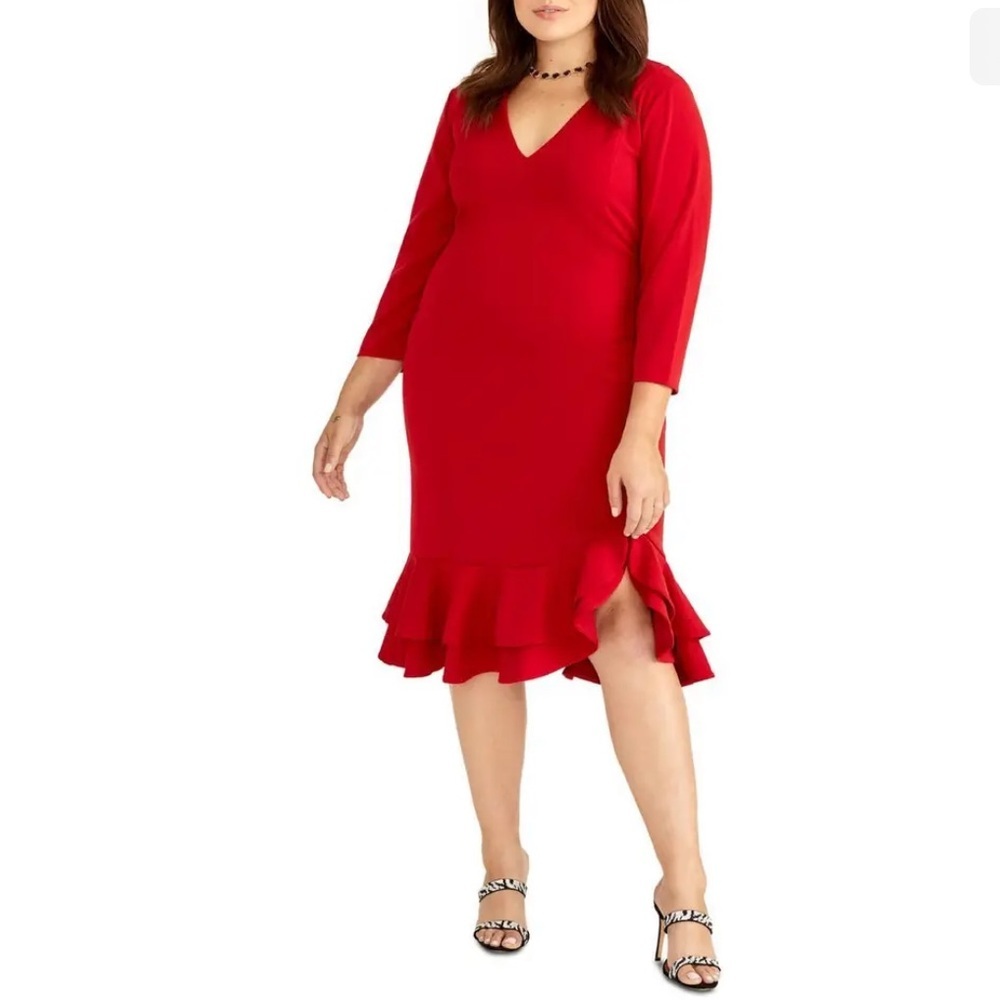 Women’s Formal Dress Plus Size 22W Red Long Sleeve Rachel Rachel Roy Ruffle Hem